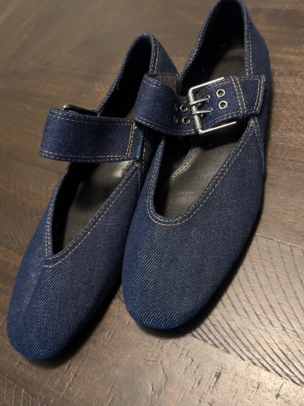 Zara Dark Blue Denim Pointed-Toe Flats